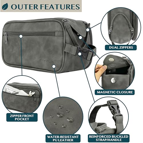 PAVILIA Toiletry Bag for Men, Travel Essentials Shaving Dopp Kit, Mens Travel Bag Toiletries Organizer Case for Grooming, PU Leather Water Resistant Cosmetic Bag Pouch (Dark Grey) - color: Gray, size: Large (10.5x5.5x6)