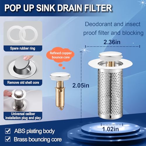 Bathroom Sink Stopper 2Pcs,Sink Drain Strainer,Hair Catcher with Removable Stainless Steel Filter Basket,Universal Sink Plug,Suitable for Most Sinks,Washbasin,Bathtubs