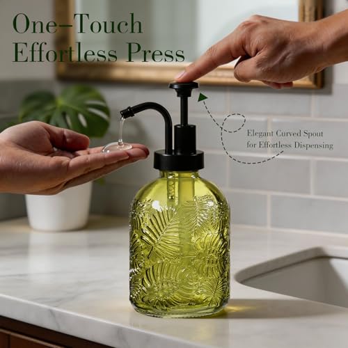 11.8Oz Vintage Glass Bathroom Soap Dispensers with Black Pump, Refillable Kitchen Dish Soap Dispenser with Embossed Leaf, Modern Farmhouse Hand Soap Liquid Bottle -1 Pack(Sage Green) - color: Sage Green/Black, size: 1Pack