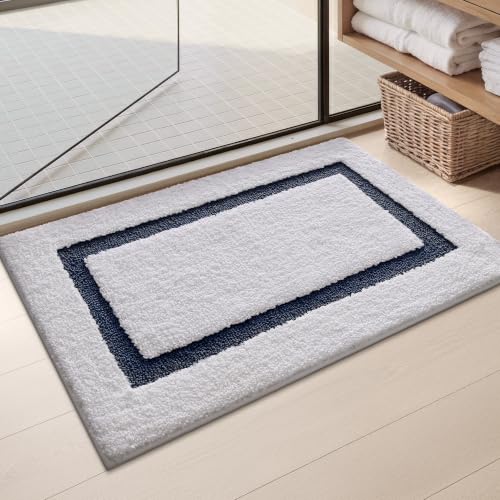 Color&Geometry White Bathroom Rugs 24x16, Extra Soft Absorbent Microfiber Bath Rug, Non-Slip Bathroom mat, Washable Plush Bath Mats for Bathroom, Shower, Bathtub, Laundry, Small, White Blue - color: E, size: 16"x24"（small）