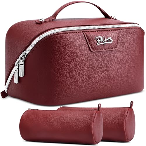 BOYATU Travel Makeup Bag Cosmetic Bags for Women: Large Capacity 3 Pcs Set Make up Bag with Compartments - Waterproof Vegan Leather Toiletry Organizer Bags with Handle (L29Red) - color: L29Red