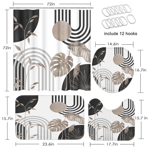 Boho Grey Shower Curtain Set with Toilet Lid Cover and Non-Slip Rugs, Abstract Leaf Minimalist Neutral 4 Pcs Modern Minimalist Vintage Shower Curtain for Bathroom Set with 12 Hooks - color: Grey 2