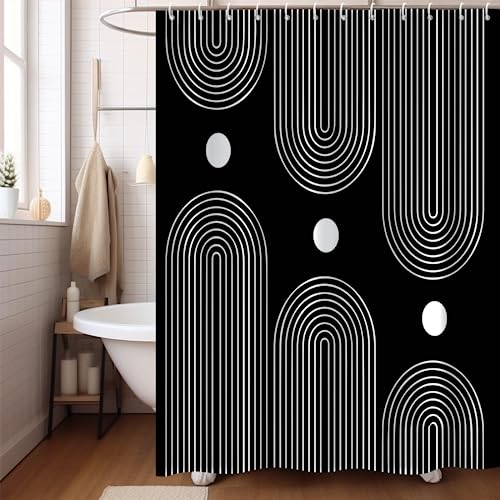 Black and White Shower Curtain, Boho Minimalist Mid Century Modern Arch Geometric Machine Washable Waterproof Fabric for Bathroom Bathtub with Hooks 72x72 - color: Black and White Boho, size: 72"W x 72"L (Pack of 1)