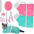 JULMELON 10 PCS Cat Washing Bag for Bath Shower Adjustable Net Grooming Set | Pet Brush Nail Clipper File, Hair Combs Tick Tool, Nail Caps, Bathing Trimming Examination, Pink and Green - color: Pink+Green