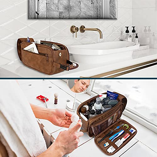 PAVILIA Toiletry Bag for Men, Travel Essentials Shaving Dopp Kit, Mens Travel Bag Toiletries Organizer Case for Grooming, PU Leather Water Resistant Cosmetic Bag Pouch (Brown) - color: Brown, size: Large (10.5x5.5x6)