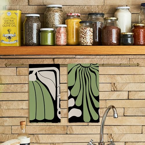 Abstract Boho Green and Beige Floral Kitchen Towels Set of 2, Retro 70s Groovy Floral Hand Towels for Bathroom Decor, Modern Minimalist Botanical Dish Tea Towels for Kitchen Decor, 16x24 Inch - color: Boho Green
