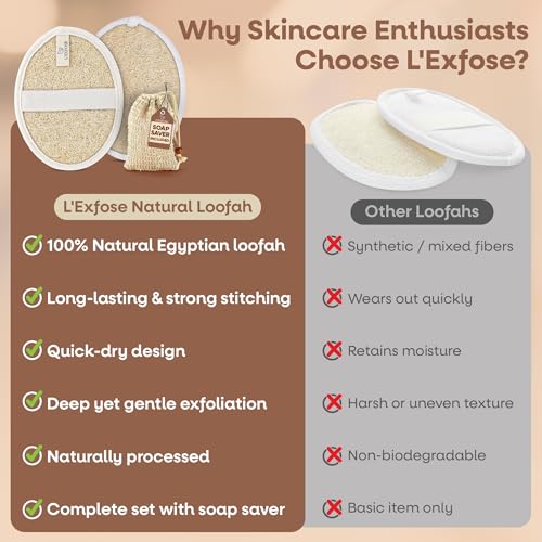 L'Exfose Organic Natural Loofah Body Scrubber for Shower – Dual Sided Egyptian Fiber Plastic Free Loofah – Quick Dry Natural Body Scrubber with Sisal Soap Saver Bag – Minimal Spa Gift for Men Women - color: Natural Cream