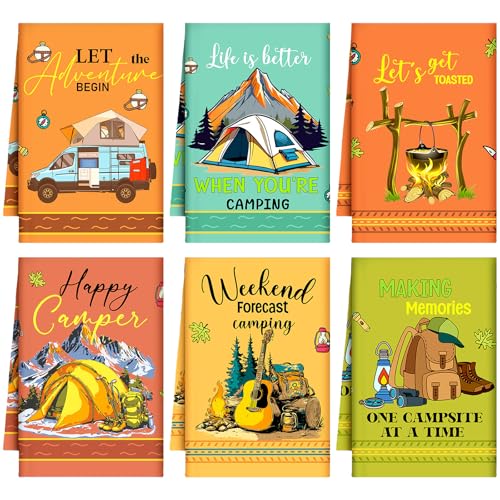 Boyiee Set of 6 Camping Kitchen Towels Absorbent Dishcloths Bonfire Tent Car Tea Towels 24 x 16 Inches with Funny Sayings Novelty Gifts for Campers Happy Camper Camping Accessories for Rv Campers - color: Colorful Camping