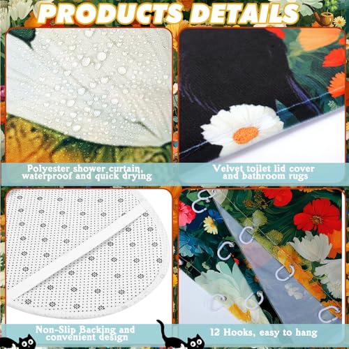 Tatuo 8 Pcs Black Cat Themed Shower Curtain Sets for Bathroom Cute Floral Aesthetic Bathroom Accessories Retro Cat Lover Gifts Shower Curtain Sets with Towels Carpet Bath Mat Toilet Rugs and 12 Hooks - style: Black Cat