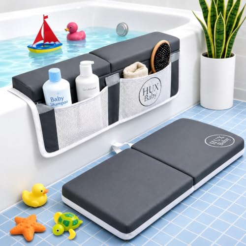 Comfortable Baby Bath Kneeler and Elbow Rest Pad Set, Non-Slip Bathtub Kneeling Pad for Bathing Baby, Bath Tub Cushion Mat, Elbow Pads, Toy Organizer Storage Pockets, Strong Suction Cups (Dark Gray) - color: Dark Gray