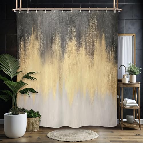 Miyotaa Abstract Gray Gold Modern Shower Curtain Set 60Wx71H Inches Contemporary Minimalist Neutral Art Waterproof Bathroom Curtain with 12 Hooks - color: Gray Gold, size: 60"W x 71"L (Pack of 1)