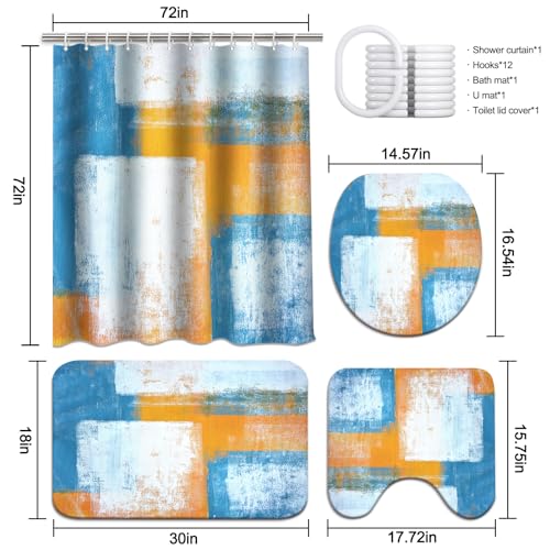Lnond 4Pcs Bathroom Shower Curtain Sets with Rugs,Blue Orange Painting Art Bathroom Sets with Shower Curtain and Rugs and Accessories - color: Orange Blue White