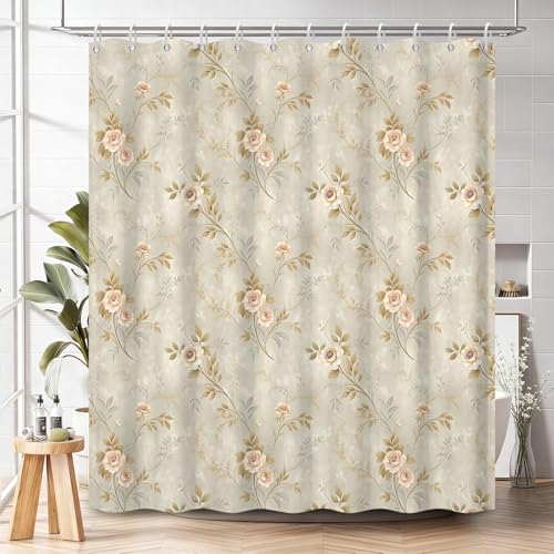 Vintage Floral Shower Curtain 71x74 Inch - Soft Pink Rose & Brown Leaf Printed Bathroom Curtain with Rust-Proof Hooks, Waterproof Fabric Bath Curtain for Classic Romantic Home Decor - color: Floral-d
