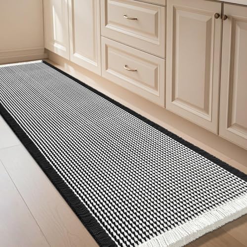 IM HOME Waffle Bath Mat Black & Cream 4'x2', Boho Woven Modern Bath Mat Rugs, Absorbent Non Slip Bathroom Rugs, Soft Washable Bath Rugs with Tassels for Bathroom, Bedroom, Kitchen, Shower, Tub - color: Black & Cream, size: 2' x 4' (Runner)