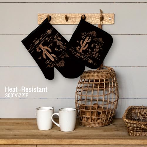 Western Desert Black Oven Mitts and Pot Holders Set, Cactus Kitchen Decor, Southwest Western Over Mittens for Kitchen - color: Black