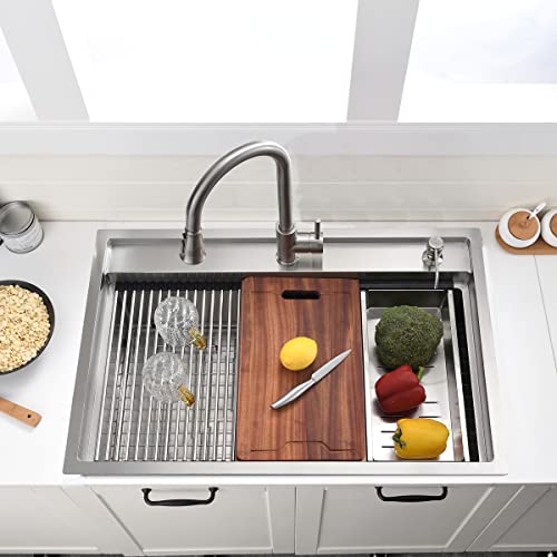 33 Inch Drop In Kitchen Sink Workstation - VOKIM 33X22 Inch Drop In Sink Stainless Steel Splash Guard 16 Gauge 10'' Deep Single Bowl Handmade Topmount Sink with Cutting Board& Strainer - color: Stainless Steel （Splash Guard）, size: 33"L x 22"W x 10"D