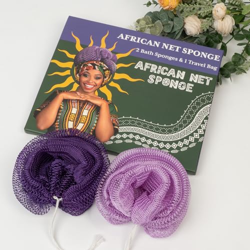 Bathway African Net Sponge Authentic with Handles (Set of 2), African Exfoliating Net Sponge, Exfoliating Body Scrubber Bath Sponge - Bathing Accessories with Storage Bag (Light Purple & Deep Purple) - color: Light Purple & Deep Purple
