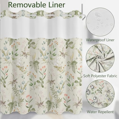 No Hook Shower Curtain with Snap in Fabric Liner Set, Waterproof & Washable, Boho Green Floral Shower Curtains for Bathroom, Farmhouse Cottage Core Decorative Patterned Bathroom Curtain, 71x74 inch - color: Green Botanical Floral
