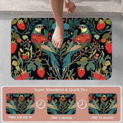 Bath Mat,Strawberry Bird Bathroom Rugs,Quick-Drying Non-Slip Rubber Bath Mats Flower Leaf Absorbent Diatomaceous Earth Mat for Bathroom Home Decor 17"x29.5" - color: Strawberry Bird,flower Leaf