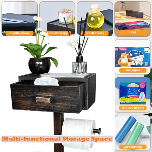 Freestanding Bathroom Toilet Paper Holder Stand with Shelf, Bamboo Toilet Paper Roll Holder with Wet Wipes Storage Drawer(Vintage Black) - color: Balck