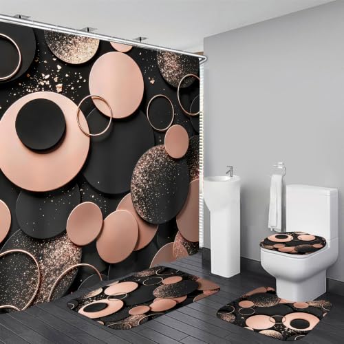 Chrainy 4pcs 3D Circle Shower Curtain Set for Bathroom Black and Brown Bathroom Decor Sets with Shower Curtain and Rugs - color: Black and Brown