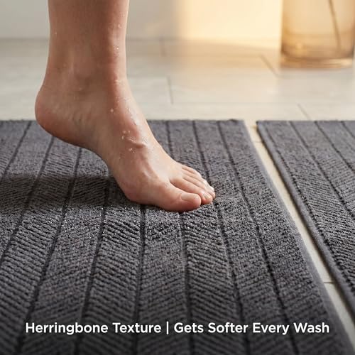 Herringbone Bath Mat Set of 2, Turkish Cotton Tencel Blend, Absorbent Quick Dry, 20x32 Inch, Oeko-TEX Certified, Made in Turkey - color: Anthracite Gray