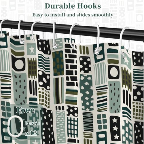 Fabric Shower Curtain with Hooks, Waterproof & Washable Polyester, Boho Green Checkered Geometric Shower Curtains for Bathroom, Neutral Modern Abstract Pattern Bathroom Curtain, 71x74 Inch - color: Green Abstract Geometric
