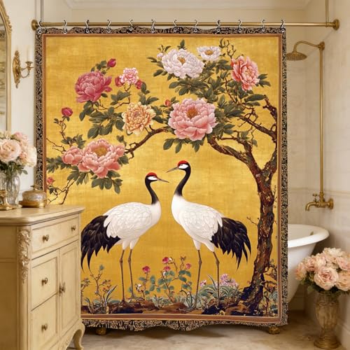 Vintage Peony Flower Crane Shower Curtain 60Wx72L Inch Chinese Asian Retro Botanical Plant Blossom Bathroom Set Accessories Decor with 12 Pack Hooks - color: Vintage Peony, size: 60"W x 72"L (Pack of 1)