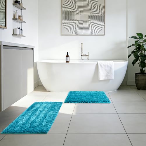 Civkor Turquoise Bathroom Rugs, Bathroom Rugs Set with Non Slip Backing, Luxury Shiny Chenille Teal Bath Mats Rug Machine Washable and Quick Dry, 31x20 and 24x16 Inch - color: Turquoise, size: 1'8" x 2'7" (Rectangular)