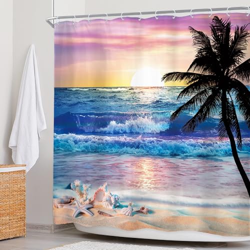 Newsely Ocean Sunrise Shower Curtain 72Wx72H Inch Beach Tropical Palm Tree Hawaiian Sunset Coastal Scenery Sea Wave Shower Curtain Bathroom Set Summer Waterproof Bath Decoration Accessories Home Decor - color: A-01beach Purple, size: 72"W x 72"L (Pack of
