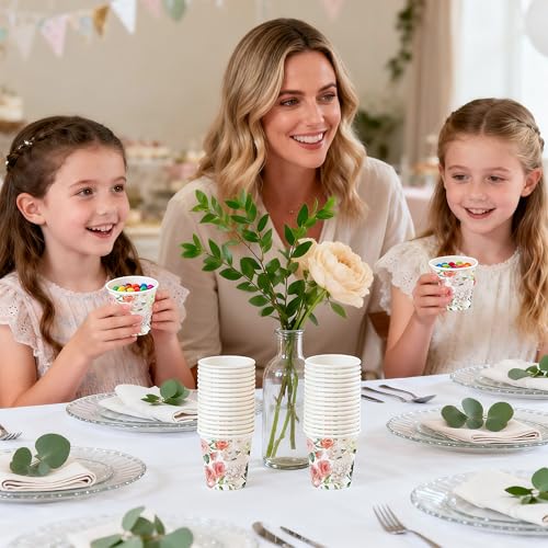 WRAPAHOLIC 3oz Flower Paper Cups - 100 Pack Disposable Bathroom Cups with Pink White Rose Floral Design, Small Mouthwash Cup for Toothbrush Rinse, Home Bathroom, Wedding and Mothers Day - color: Pink White Floral