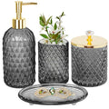 Haturi Gray Glass Bathroom Accessories Set, 4-Piece - Lotion Soap Dispenser, Toothbrush Holder, Cotton Swab Jar & Soap Dish – Elegant Gold Accent for Countertop & Housewarming Gift - style: Smoky Gray