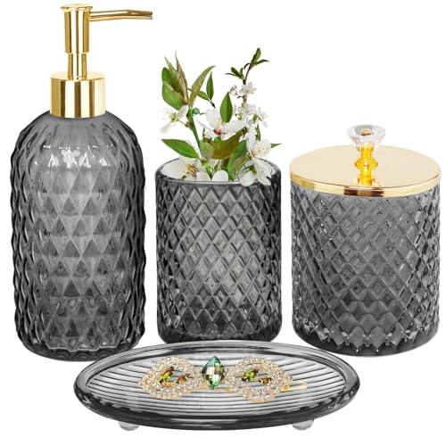Haturi Gray Glass Bathroom Accessories Set, 4-Piece - Lotion Soap Dispenser, Toothbrush Holder, Cotton Swab Jar & Soap Dish – Elegant Gold Accent for Countertop & Housewarming Gift - style: Smoky Gray
