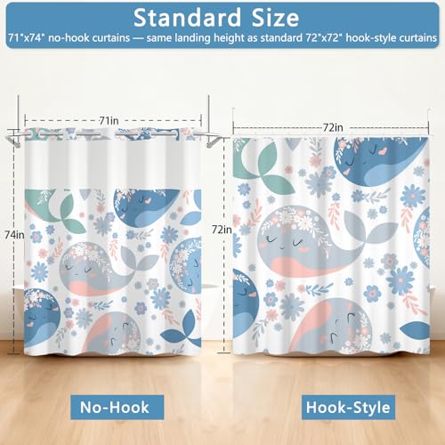 No Hook Shower Curtain with Snap-in Liner, Shower Curtains for Bathroom with Weighted Bottom & See Through Top Window, Cute Whale Fabric Shower Curtain for Home, Dormitories, and Hotel, 71 x 74 Inch - color: Cute Whales