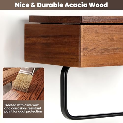 Toilet Paper Holder with Acacia Wood Shelf - Wall Mount & Self-Adhesive Bathroom Tissue Roll Holder, Black Stainless Steel with Storage - Home Apartment Restroom - color: Walnut & Matte Black Storage