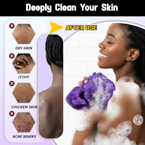 African Net Sponge Authentic 3 Pieces Gentle Exfoliating Body Scrubber Bath Sponges for All Skin Types, African Exfoliating Net Sponge with Handles Washcloth Loofah Bathing Accessories for Shower - style: Yellow, Pink, Purple