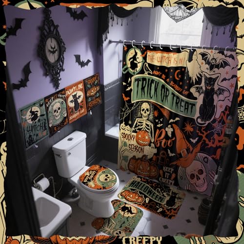 FuWeave 8 Pcs Halloween Shower Curtain Set for Bathroom Include Vintage Ghost Pumpkin Bat Cat Towels Non Slip Skull Rugs Toilet Lid Cover Spider Web Bath Mat and 12 Hooks for Halloween Bathroom Decor - color: Ghost Pumpkin