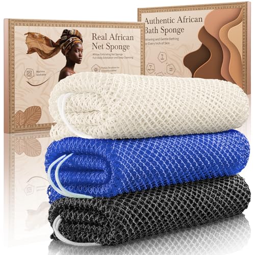 African Net Sponge Authentic 3 Pieces Gentle Exfoliating Body Scrubber Bath Sponges for All Skin Types, African Exfoliating Net Sponge with Handles Washcloth Loofah Bathing Accessories for Shower - style: Black, White, Blue