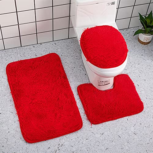 Red Solid Color Bath Rug Set, 3 Piece - Ultra Soft Non Slip Bath Mats, Plush Chenille Absorbent for Tub, Shower & Toilet (red) - color: Red