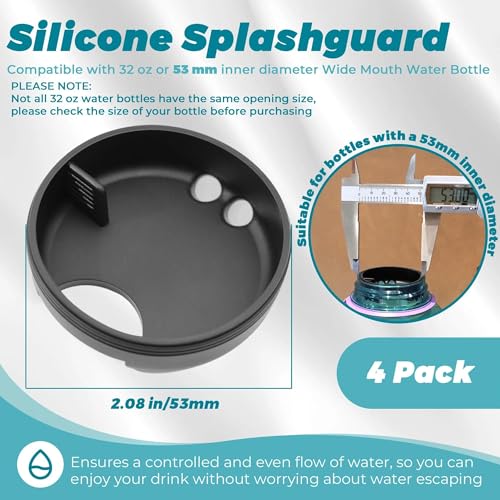 Splash Guards Compatible with 32 oz Wide Mouth Bottles with a 53 mm Inner Opening, Wide Mouth Water Bottle Accessories, Not for 16 oz or Narrow Mouth Bottles - color: Obsidian Black 4 Pack