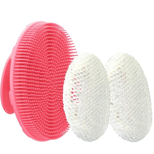 INNERNEED Food-Grade Soft Silicone Body Scrubber Shower Brush Handheld Cleansing Skin Brush, with Exfoliating Net Sponge Case (Pink Brush) - color: (Set5) Pinkcase
