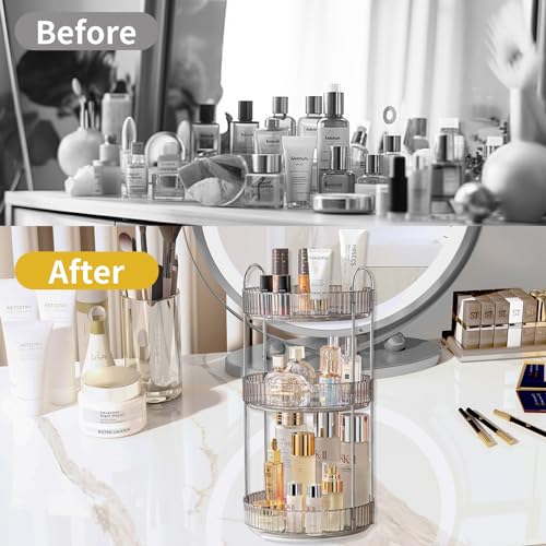 Asayuee 360 Rotating Makeup Organizer,3 Tier Large Capacity Make Up Organizers and Storage,Makeup Organizer for Bathroom,Cosmetic Perfume Stand Organizer(Grey-3 Tier) - color: Grey, size: 3 Tier
