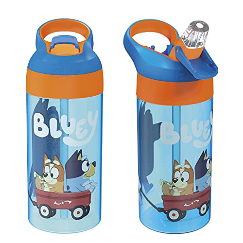 Zak Designs 17.5 oz Riverside Bluey Kids Water Bottle with Straw and Built in Carrying Loop Made of Durable Plastic, Leak-Proof Design for Travel, 2PK Set - color: Bluey