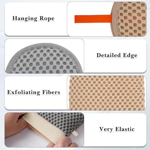 4 Pcs 3D Textured Mesh Soap Bag & Exfoliating Bath Glove Set, Soft Body Scrubber Clean Mitts for Women Men, Shower Bathing Accessories (Grey+Khaki)