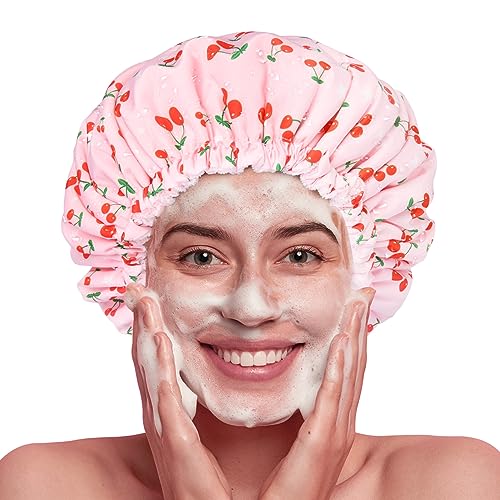 Shower Cap for Women Terry Lined Bath Cap Large Reusable Waterproof Elastic Band Pink Shower Caps for Long Thick Hair Soft Bath Shower Hair Caps - color: Pink Cherries