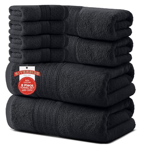 RIVERSIDE Pack of 8 Towels Set, 2 Large Bath, 2 Hand, 4 Face Washcloths, 100% Cotton Hotel Quality, Super Soft, Quick Dry, Highly Absorbent Perfect for Bathroom, (Charcoal Gray) - color: Charcoal Gray, size: Towel Set (PK 8)