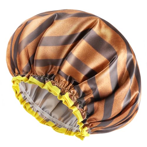 mikimini Shower Cap for Women and Men,2 Pack Double Waterproof Shower Cap for Girls and Kids, Reusable, Washable, Golden Stripes Fashionable Shower Caps Medium Pack of 2 Stripe - color: Stripe, size: Medium (Pack of 2)