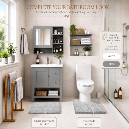 Yimobra Bathroom Rugs Non Slip Washable, Ultra Soft and Water Absorbent Bath Mats, Fluffy Shower Mat Outside, Plush Matts for Bathroom Floor/Sink, 24X17, Home Decor Accessories, Light Gray and White - color: Light Gray and White, size: 17" X 24"