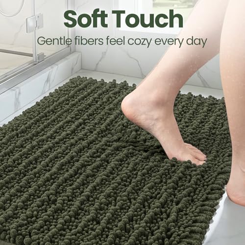 DEXI Bathroom Rug 16x24, Super Soft Thick Chenille Absorbent Bath Mat, Non Slip Machine Washable Fluffy Shag Bathmat for Tub, Shower Floor, Olive Green