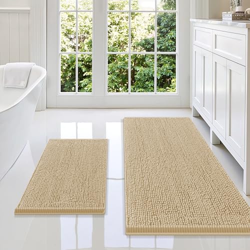 Smiry Bathroom Rugs Sets 2 Piece, Soft Absorbent Chenille Machine Washable Non Slip Shaggy Bath Rug Set for Tub, Shower, and Floor (47x20+24x16, Beige) - color: Beige, size: 47"x20"+24"x16"